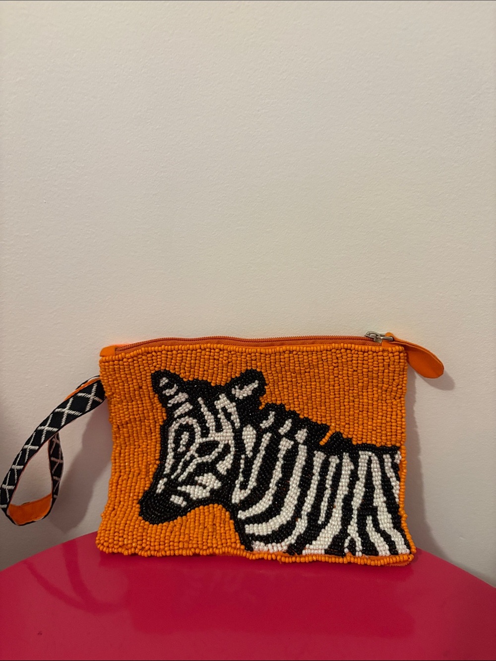 Orange Beaded Zebra Wristlet Bag